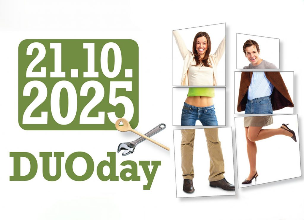 Links steht in grüner Schrift: 21-20-2025 Duoday. Daneben sind Kacheln ein Mann und eine Frau abgebildet.