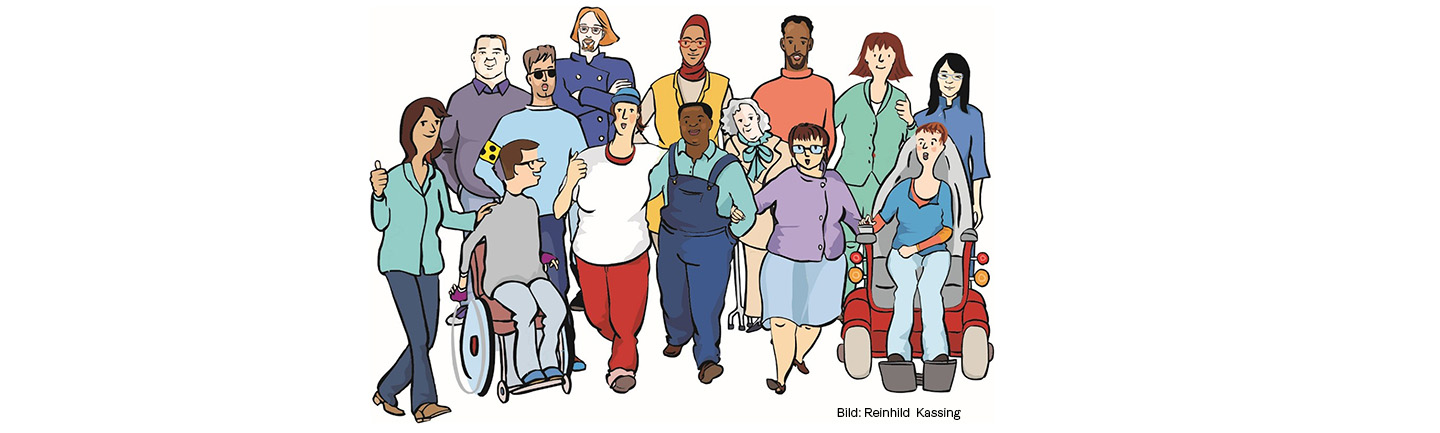 Eine Zeichnung von einer Gruppe ganz unterschiedlicher Menschen.