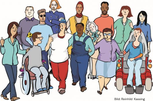 Eine Zeichnung von einer Gruppe ganz unterschiedlicher Menschen.